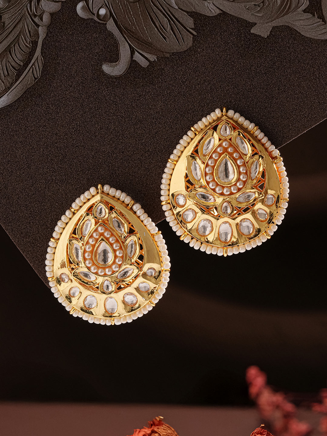 Gold Plated Kundan Studded Designer Pearl Beaded Designer  Studds Earrings